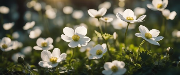 Beautiful white flowers of anemones in spring in a forest close-up in sunlight in nature.
