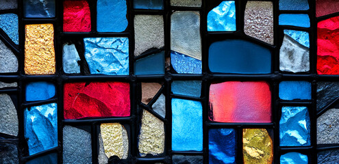 colorful stained glass pieces in a mosaic pattern with black lines separating them, in various shades of blue, red, and gold