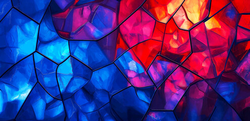 close-up of vibrant blue and red stained glass pieces, arranged in a random mosaic pattern with distinct black lines between them