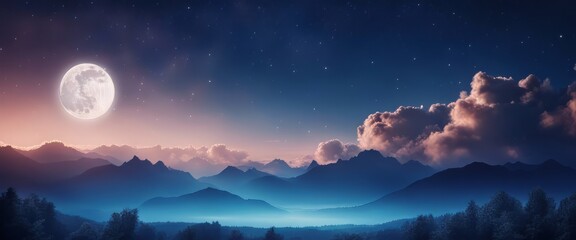 blue gradient mystical moonlight sky with clouds and stars