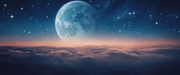 Naklejka na ściany i meble blue gradient mystical moonlight sky with clouds and stars