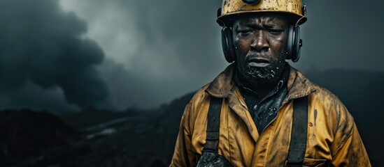 A coal mine worker, of African descent, wears coveralls, a hard hat, and dons a face mask after a long day at work.