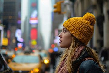 Image generated with AI. Blonde Hispanic woman with yellow hat in New York