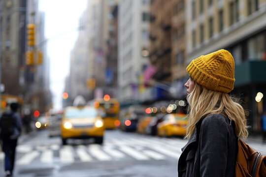 Image generated with AI. Blonde Hispanic woman with yellow hat in New York