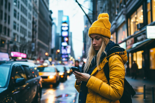 Image generated with AI. Woman with yellow hat using cell phone in New York