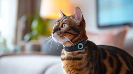 Bengal cat with a smart collar, looking to the side. The room in the background is bright and blurred - obrazy, fototapety, plakaty