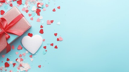 Romantic Valentine's Day Celebration with Gifts, Candle, and Confetti on a Pastel Blue Background - Love and Joy Concept