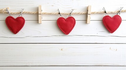 Red felt hearts hanging from a twine string by clothespins against a weathered wooden backdrop, Valentine's Day