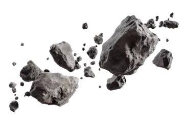 Foto op Canvas Asteroids swarm of boulders or stone meteorite isolated on transparent png background, flying rock in the space. © TANATPON