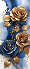 Alcohol Ink Navy Gold Rose Painting Beautiful Washed Colors Watercolor Bookmark Flower Artwork Colourful Wall Art Design