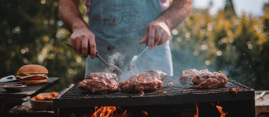 Man grilling meat for cheeseburger outside