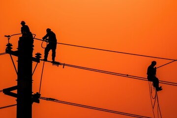 Silhouettes of workers on high-voltage towers, Electrical Engineers and Workers.