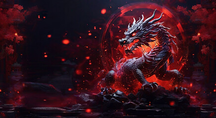 A black dragon with a red glow and light particles on an Asian background with plants