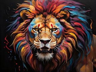 painting of an aggressive and muscular lion with vibrant colors on a dark canvas
