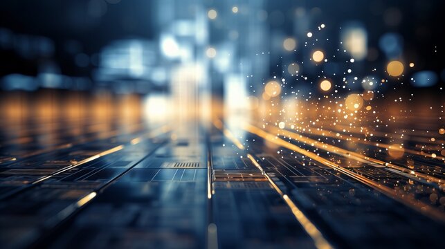 Abstract blurred bokeh effect with binary code and computer circuitry for technology themed design