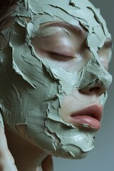 woman getting a green facial at her spa, in the style of dark beige and gray