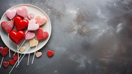 Romantic Valentine's Day Celebration: Top View of Heart-Shaped Lollipops Plates with Love Inscriptions on Concrete Texture Background