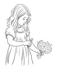 Little girl with wildflowers. Vector illustration. Hand drawn black and white. Sketch line