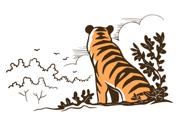 Tiger in the wild. Big cat. Strong animal predator. Striped orange skin. Fauna and zoo. Vector illustration. Sketch hand drawn