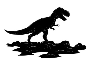 Predatory dinosaur tyrannosaurus of the Jurassic period. Carnivorous scary lizard. Big t rex. Prehistoric strong hunter. Cartoon vector illustration. Black silhouette