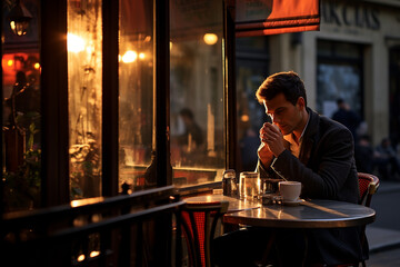 A man sitting outside a cafe in paris drinking coffee and tee on a beautiful evening. Ai generated - obrazy, fototapety, plakaty
