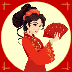 Beautiful woman in red traditional costume dress holds many money red envelopes vector illustration. Chinese girl with good luck fortune and prosperity concept, celebrating Chinese New Year festive.