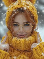 W śnieżnym otoczeniu, dziewczyna w żółtym golfie, czapce i okularach rzuca słoneczne akcenty, unosząc palce w górę. Zdjęcie przekazuje pozytywną energię w zimowej aurze. - obrazy, fototapety, plakaty