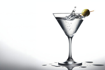 Splash of clear liquid in martini glass with green olive garnish. - Powered by Adobe