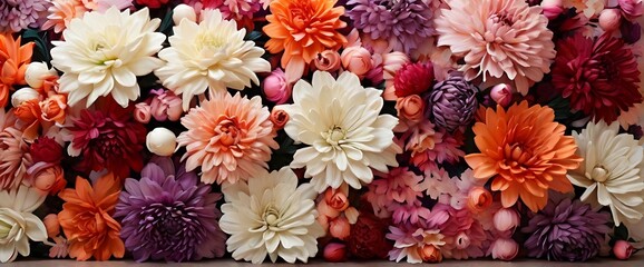 Beautiful flower wall background with amazing red,orange,pink,purple,green and white chrysanthemum flowers,Wedding decoration,flower,rose,romantic,bouquet,nature,floral,wall,colourful - obrazy, fototapety, plakaty