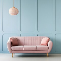 Minimalist interior in a painted wall, soft sofa. Light blue, pink, white pastel colors. Cute cozy interior composition