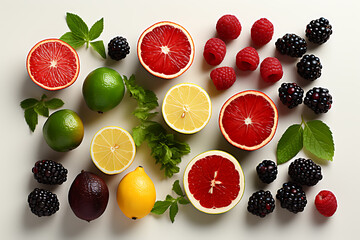 Background of fruits and citrus fruits in a straight line
