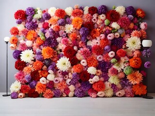 Fototapeta na wymiar Beautiful flower wall background with amazing red,orange,pink,purple,green and white chrysanthemum flowers,Wedding decoration,flower,rose,romantic,bouquet,nature,floral,wall,colourful