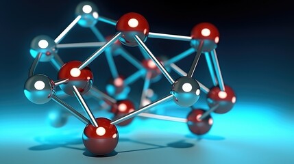 Molecular structure with red spheres on blue background.