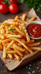 French fries on a paper and a wooden table with ketchup. Rustic gourmet banner with space for text.