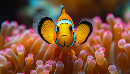 photo of An underwater close-up of a colorful clownfish nestled among the tentacles of a sea anemone, showcasing their symbiotic relationship and stunning colors