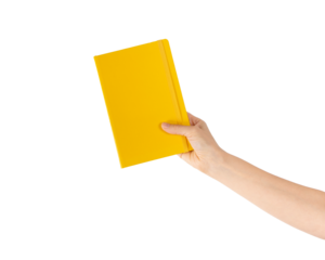 Closeup of woman hand showing notebook, holding textbooks or organizers, education, reading literature. Indoor studio shot isolated on transparent png background with clipping paths. 