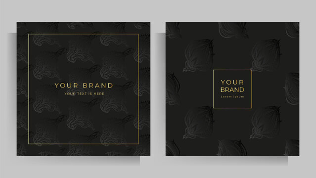 Cover design for your menu, wedding invitation, card, folder, notepad. Elegant floral pattern in black and gold. Set of square format templates. Vector illustration.