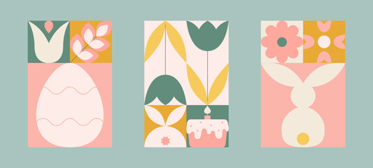 Easter geometric card set with simple bunny, egg, tulips, easter cake, flowers. Pastel color cute shapes.