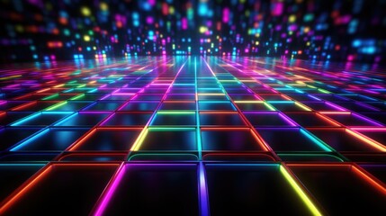 Retro Neon Grid: '80s Inspired Neon Grid on Dark Background, Vibrant Pink, Blue, Green Glow, Arcade Game Nostalgia - obrazy, fototapety, plakaty