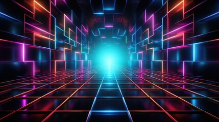 Retro Neon Grid: '80s Inspired Neon Grid on Dark Background, Vibrant Pink, Blue, Green Glow, Arcade Game Nostalgia - obrazy, fototapety, plakaty