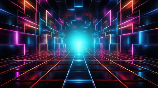 Retro Neon Grid: '80s Inspired Neon Grid on Dark Background, Vibrant Pink, Blue, Green Glow, Arcade Game Nostalgia