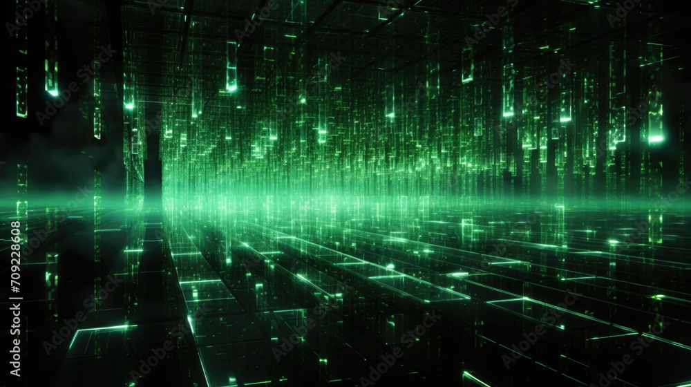 Wall mural digital matrix: futuristic digital matrix background with glowing green binary code, black computeri