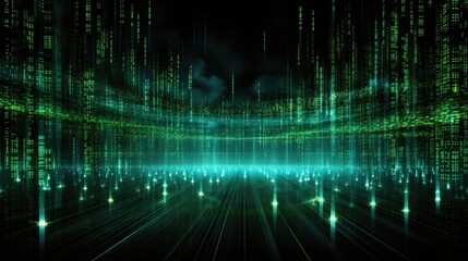 Digital Matrix: Futuristic Digital Matrix Background with Glowing Green Binary Code, Black Computerized Data Stream