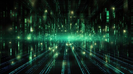 Digital Matrix: Futuristic Digital Matrix Background with Glowing Green Binary Code, Black Computerized Data Stream