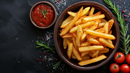 French fries on plate with ketchup. Rustic gourmet banner with space for text. Flat-lay, top view : on black slate with rosemary and tomatoes.