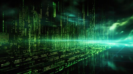 Digital Matrix: Futuristic Digital Matrix Background with Glowing Green Binary Code, Black Computerized Data Stream