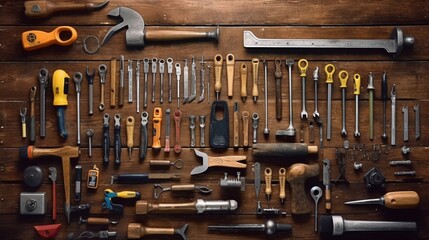 Assortment of tools on wood white background.Generative AI