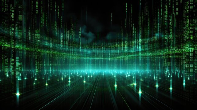 Digital Matrix: Futuristic Digital Matrix Background with Glowing Green Binary Code, Black Computerized Data Stream