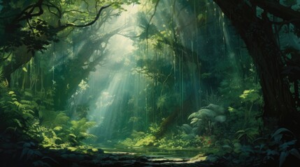 Emerald Forest Canopy: Rainforest-Inspired Layers of Deep and Light Emerald Greens with Sunlight Filtering Effect
