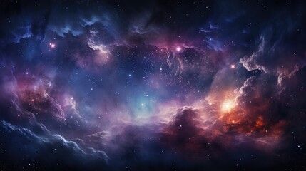 Fototapeta premium Cosmic Dust Swirl: Deep Space Imagery with Swirling Cosmic Dust, Midnight Blue and Purple Hues, Star-Dotted Galaxy Impression